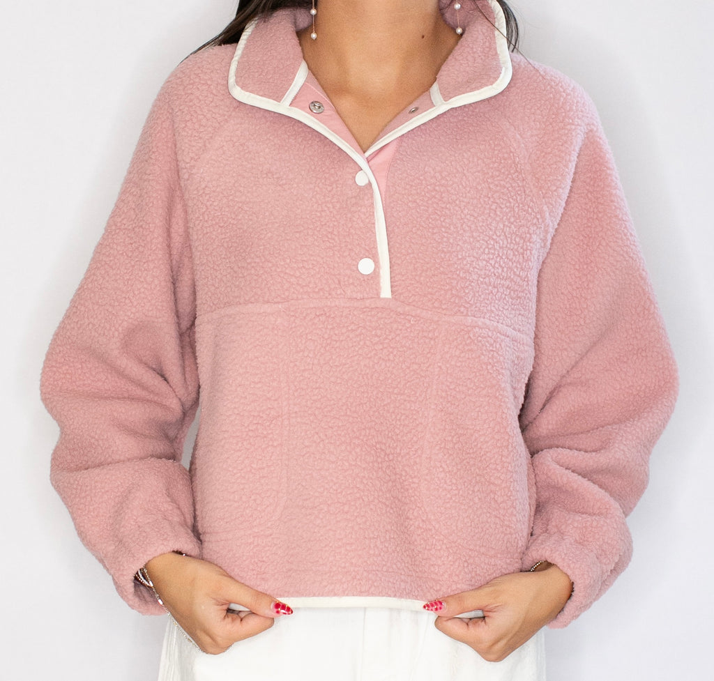 Dusty Rose Snap Button Fleece Pullover